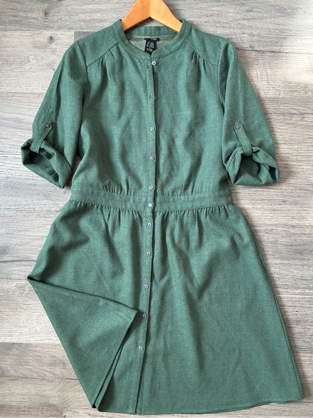 VIOLA Vintage Wool Button-Front Olive-Sage Green Midi Dress with Roll-Tab Sleeve